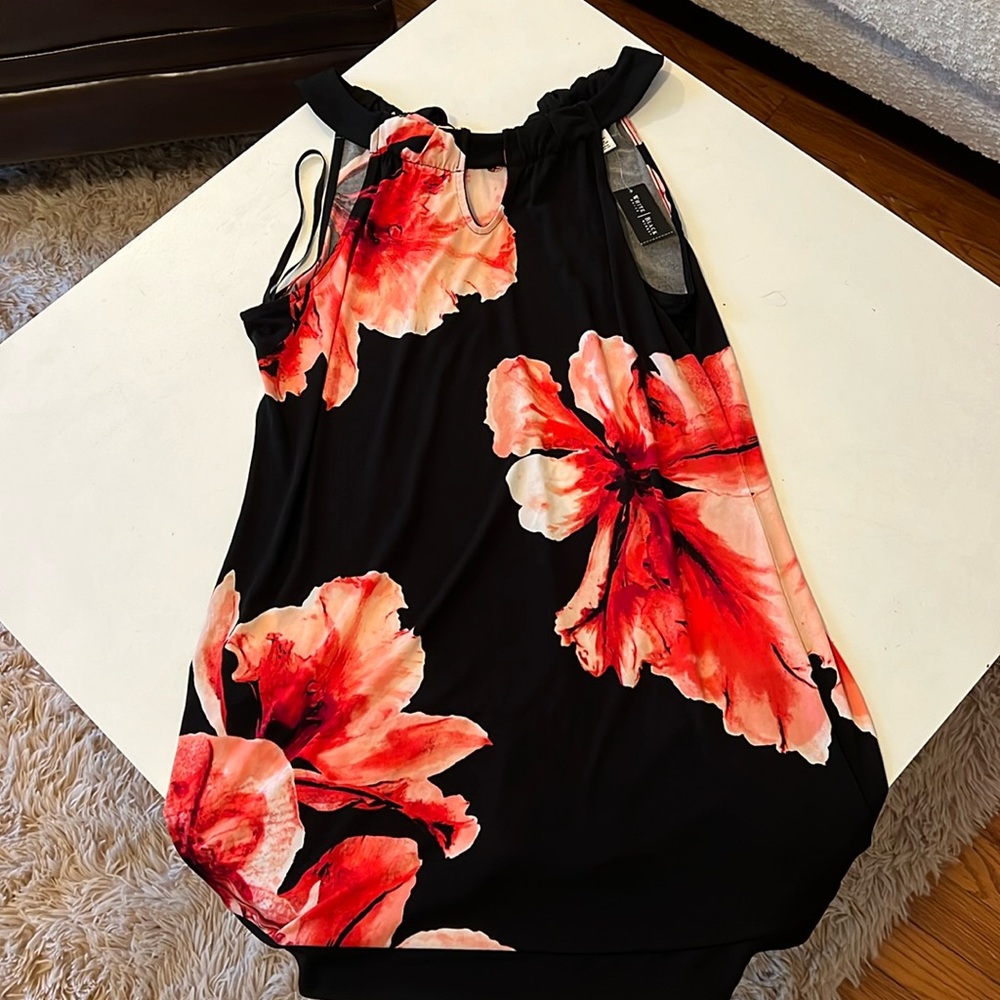 White House Black Market Black Mini Dress with Red Floral Accents